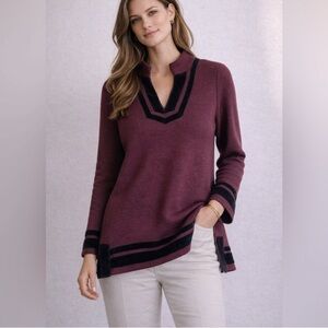 Soft Surroundings Runway Merlot Black Velvet Trim Wool Blend Tunic Sweater Small